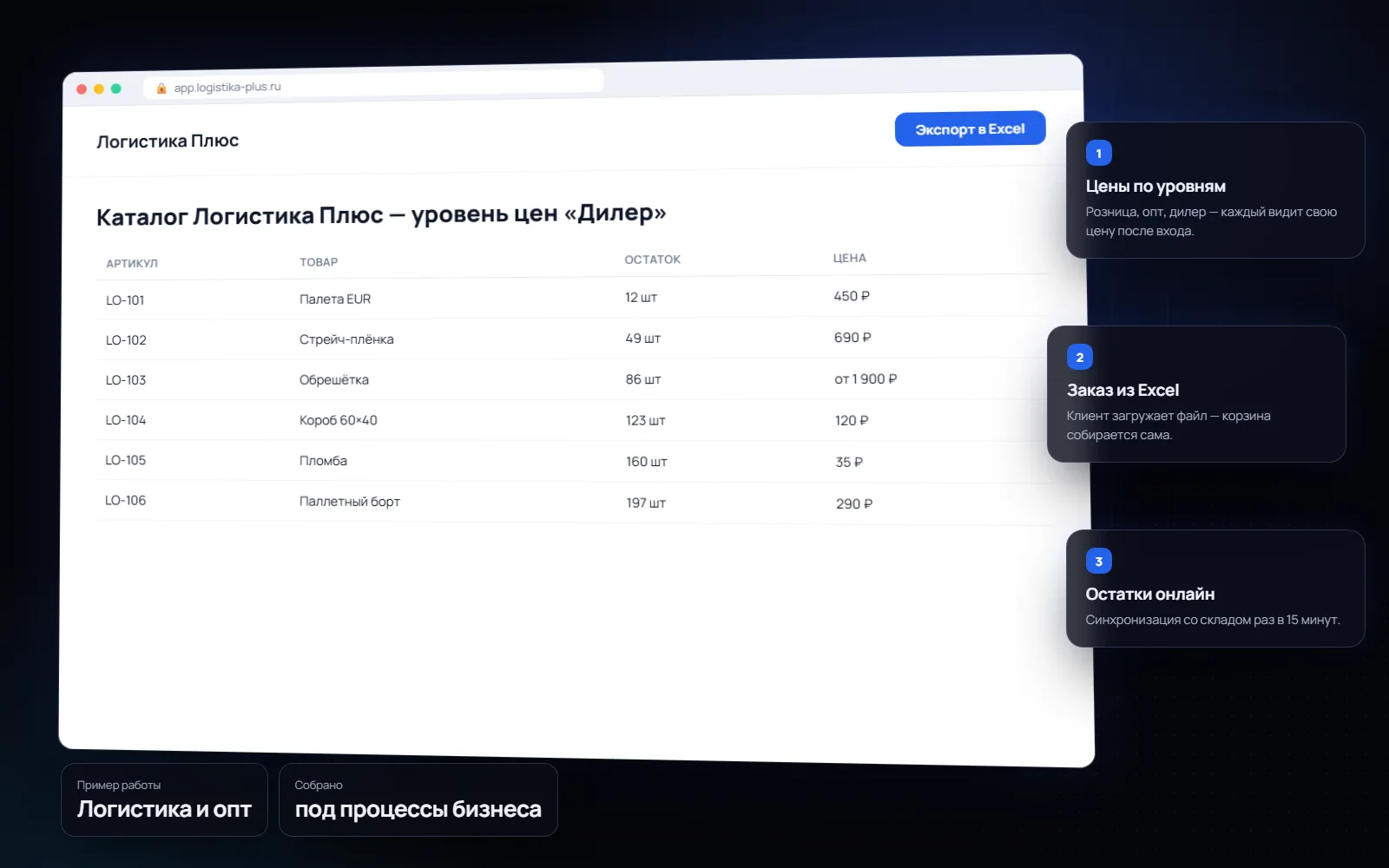 B2B-каталог с прайсом и заявками для бизнеса: Логистика и опт