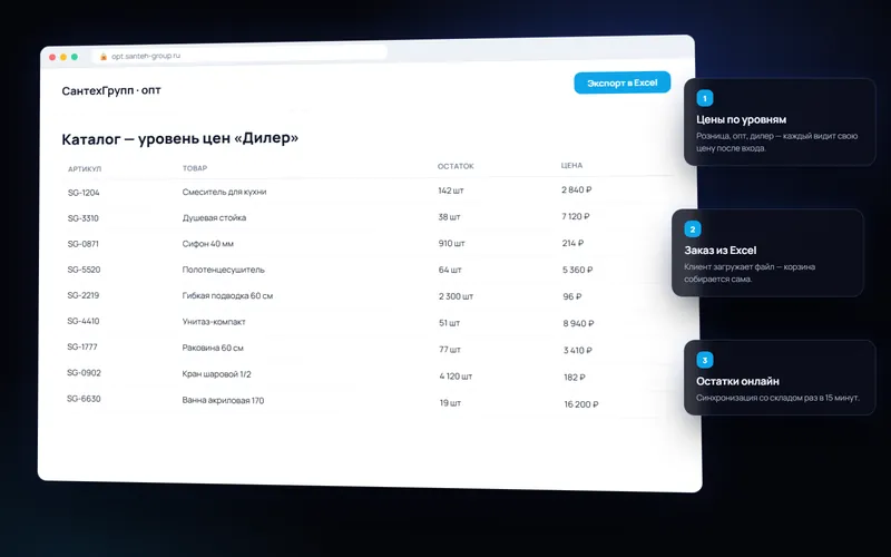 B2B-каталог с прайсом и заявками — пример интерфейса